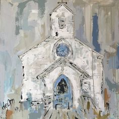 a painting of a white church with a blue door