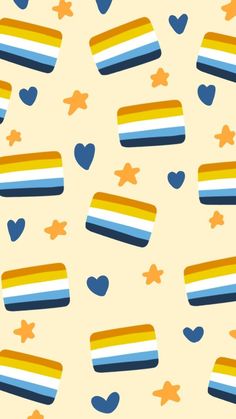 a pattern with hearts, stars and stripes on a yellow background that is filled with candy