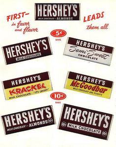 six hershey's chocolate bars are shown in different flavors