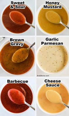 six different types of sauces in bowls with spoons on the top and bottom