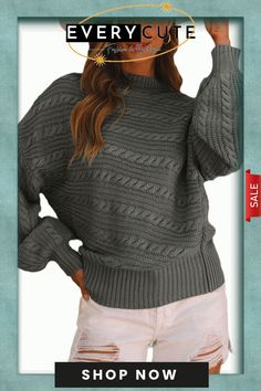 Mock Neck Lantern Sleeve Cable Knit Sweater Gray Chunky Knit Sweater For Fall, Casual Chunky Knit Tops For Fall, Solid Cable Knit Sweater For Fall, Gray Soft Knit Sweater For Fall, Fall Cable Knit Sweater, Casual Chunky Knit Tops For Cold Weather, Gray Sweater For Cold Weather In Fall, Gray Acrylic Crew Neck Sweater, Gray Chunky Knit Top For Fall