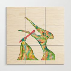 two colorful dinosaurs are depicted in this wood panel wall art piece that is handmade and has been painted with acrylic paint