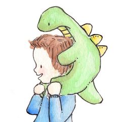 a drawing of a boy carrying a dinosaur on his back