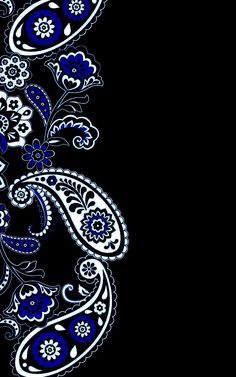 a blue and white paisley design on a black background