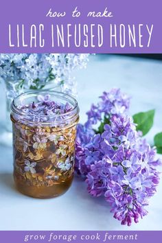 lilac infused honey in a jar next to flowers