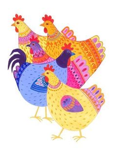 a group of chickens standing next to each other on top of a white surface with colorful designs