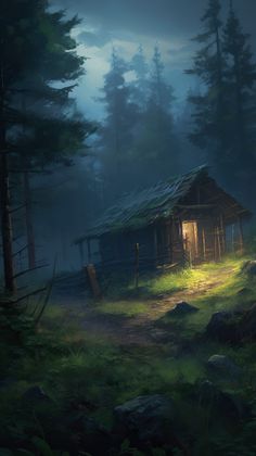 an old cabin in the woods at night