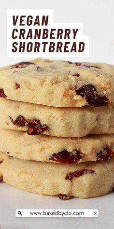 stack of 4 vegan cranberry shortbread cookies Vegan Christmas Cookies Recipes, Cranberry Shortbread Cookies, Cranberry Shortbread, Vegan Christmas Desserts, Chocolate Chip Shortbread, Vegan Xmas, Patisserie Vegan