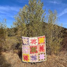 a patchwork quilt sitting on the side of a dirt road next to a tree