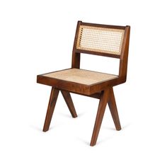 a chair made out of wood and wicker with a seat on the back, side view