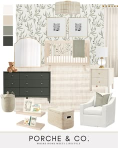 a baby's nursery room with neutrals and greens