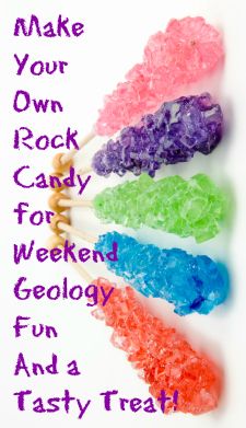 four different colored candy lollipops with the words make your own rock candy for weekend geolocy fun and tasty treat