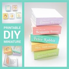 a stack of books sitting next to each other on top of a white table with the words printable diy miniature