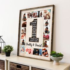 a family photo frame with the number one on it and some baskets in front of it