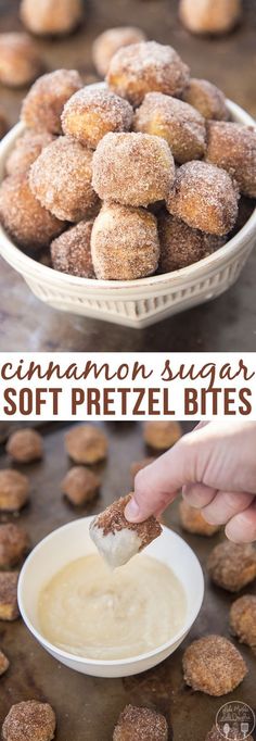 a person dipping sugar into a bowl of soft pretzel bites with the words cinnamon sugar on top