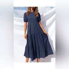 Nwt Color: Nevyblue Product Details Fabric Type 100% Rayon One Hundred Percent Rayon Care Instructions Machine Wash Origin Imported Closure Type Pull On Country Of Origin China About This Item Size Guide: S=Us 4-6, M=Us 8-10, L=Us 12-14, Xl=Us 16-18. Beautiful And Elegant. Found The Dress Of Your Dreams! You Will Obsessed With The Short Bubble Sleeve, Crew Neck, Elastic Shirred Bust, With Back Lace-Up Closure, Simple Solid Color, High Wasit, Flowy Tiered Frill Hem And Overall Design! Fitted At T Casual Maxi Dress With Ruched Puff Sleeves, Blue Smocked Dress With Puff Sleeves And Ruffles, Casual Puff Sleeve Midi Dress In Solid Color, Blue Puff Sleeve Dress With Smocked Back For Brunch, Casual Puff Sleeve Midi Dress Solid Color, Casual Solid Color Midi Puff Sleeve Dress, Casual Solid Color Puff Sleeve Midi Dress, Blue Cotton Maxi Dress With Ruffle Hem, Blue Cotton Ruched Maxi Dress