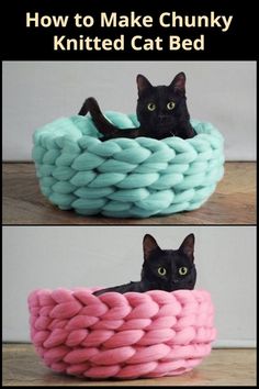 two pictures of a black cat in a pink and blue yarn bed with caption that reads diy chunk knitted cat bed