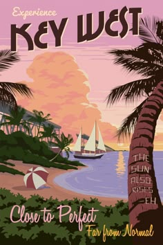 an advertisement for key west with palm trees and sailboats