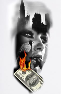 a woman with fire and money in her mouth