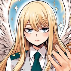 an anime character with long blonde hair and blue eyes wearing a uniform, holding her hands up to her chest