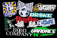 various stickers are displayed on a black background with the words, good company and other logos