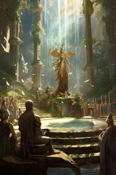 a painting of people standing in front of a fountain with an angel on it's head