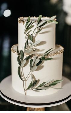 a three tiered white wedding cake with green leaves on top