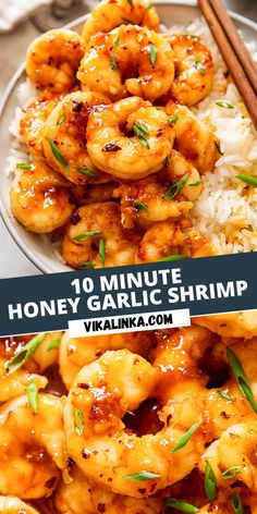 shrimp and rice on a plate with chopsticks next to it in the foreground