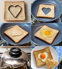 four different pictures of toast with an egg in the shape of a heart on them