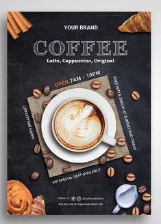 a coffee poster is displayed on a chalkboard with cinnamons and croissants