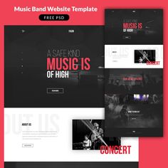 the music band website template is shown in three different colors and sizes, including black and white