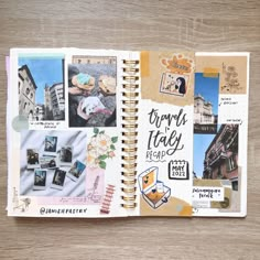 an open scrapbook with pictures and words on the pages, including images from different places