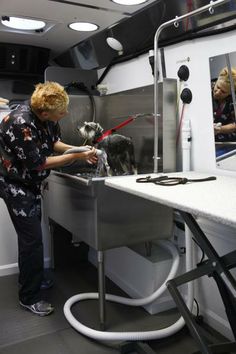 a woman washes a dog in a sink while another watches from the other side