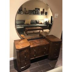 Fantastic Burled Walnut Retro Dressing Table with Round Mirror & Rare Blue Mirror Banding  This piece was purchased from a dealer in Chicago in 1985 but It's probably circa somewhere from the 1930's to 1950's based on the Art Deco lines, waterfall front and curved shape. Although it would work beautifully in a Mid-Century Modern space as well. The drawers are great as a dresser or dressing table for storage and there are recessed wheels on the bottom for easy movement. Upholstered Bench is inclu Circle Mirror Vanity, 90s Vanity, Table With Round Mirror, Retro Dressing Table, Vintage Makeup Vanities, Art Deco Dressing Table, Art Deco Lines, Table Vanity, Dressing Table Vanity