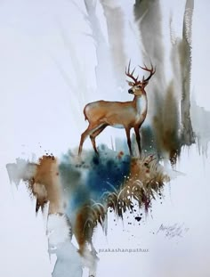 a painting of a deer standing in the woods