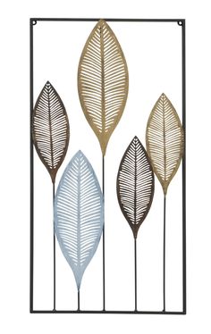 three metal leaf sculptures on a white background