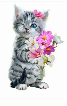 a painting of a kitten holding flowers in its paws