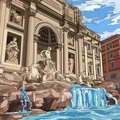 a drawing of a fountain with statues in the background and water running down it's sides