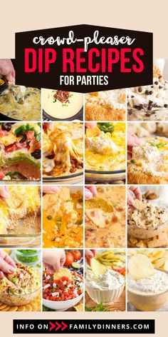 a collage of different dip recipes for parties