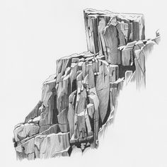 a pencil drawing of a rock formation on the side of a mountain with an arrow sticking out of it