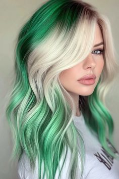 Blonde Purple And Green Hair, White Hair With Colored Tips, Lavender And Green Hair, Blonde With Green Highlights, Blonde Hair With Green Highlights, Blonde And Green Hair, Colored Ombre Hair, Hairstyles For New Years, Unique Blonde Hair Color Ideas