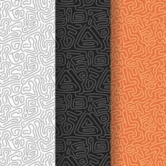 four different colored patterns with black, white and orange colors in the same color scheme