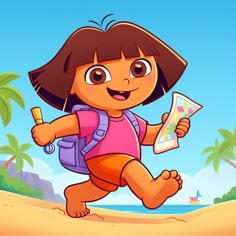 a cartoon girl is walking on the beach with a map in her hand and backpack