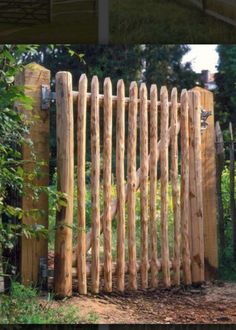 two pictures side by side one shows a wooden fence and the other shows a garden