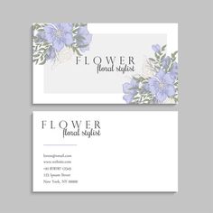 two business cards with blue flowers on the front and back, one has a white background