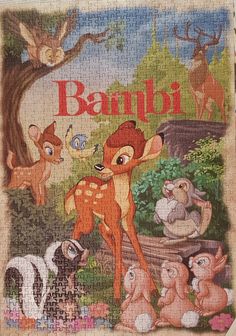 an image of a puzzle with animals and trees in the background that says, bambi