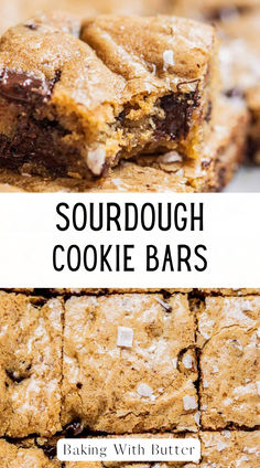 two pictures with the words sourdough cookie bars on top and bottom, in white letters