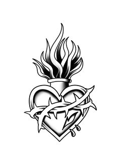 a black and white heart with flames tattoo design on it's side, in the shape of a cross