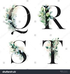 the letters q, g, and f are decorated with watercolor flowers on white background