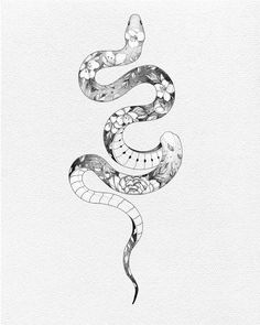 a drawing of a snake with flowers on it's head and the tail curled up